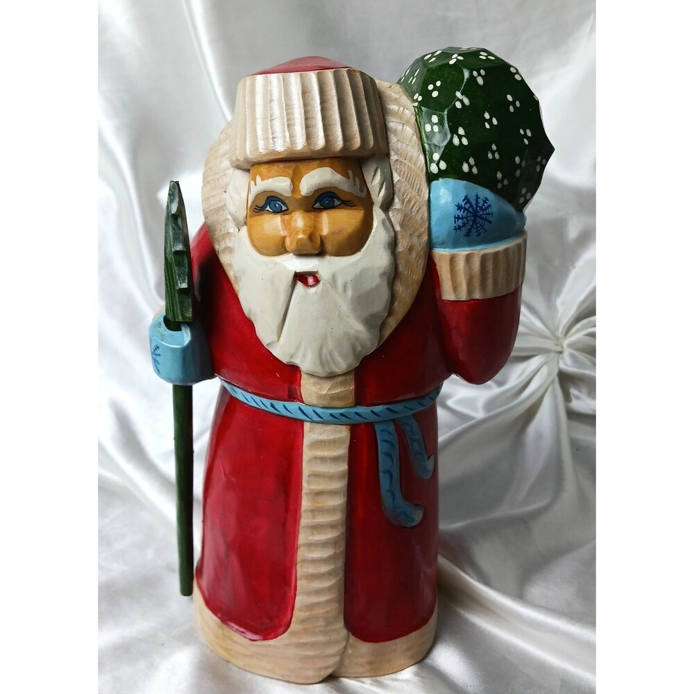 VINTAGE HAND CARVED 10'' WOODEN RUSSIAN SANTA FIGURE 1996 SIGNED